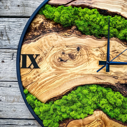Custom Moss and Metal Wall Clock, Unique Olive Wooden Wall Clock & Moss Wall Art