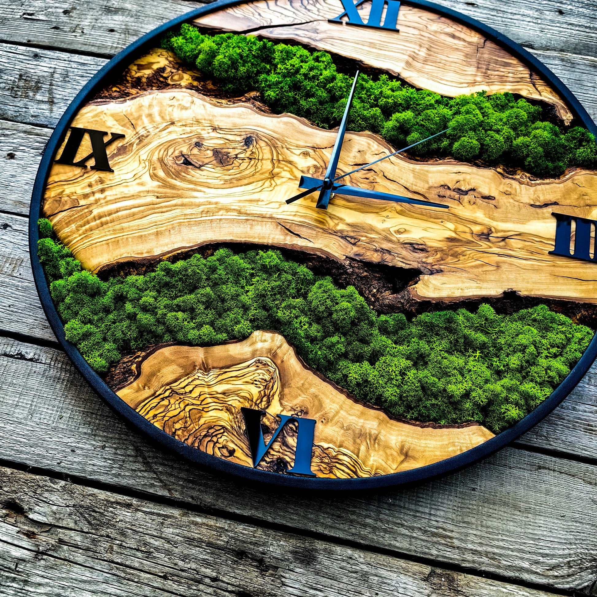 Custom Moss and Metal Wall Clock, Unique Olive Wooden Wall Clock & Moss Wall Art