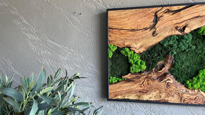 Moss and Wood Wall Art, Natural Wood & Moss Wall Decor for Home, Rustic Greenery Decor