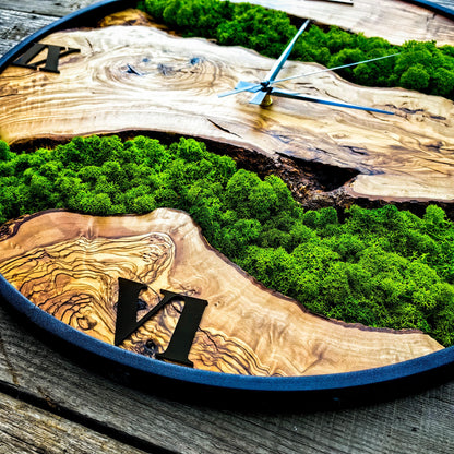 Custom Moss and Metal Wall Clock, Unique Olive Wooden Wall Clock & Moss Wall Art