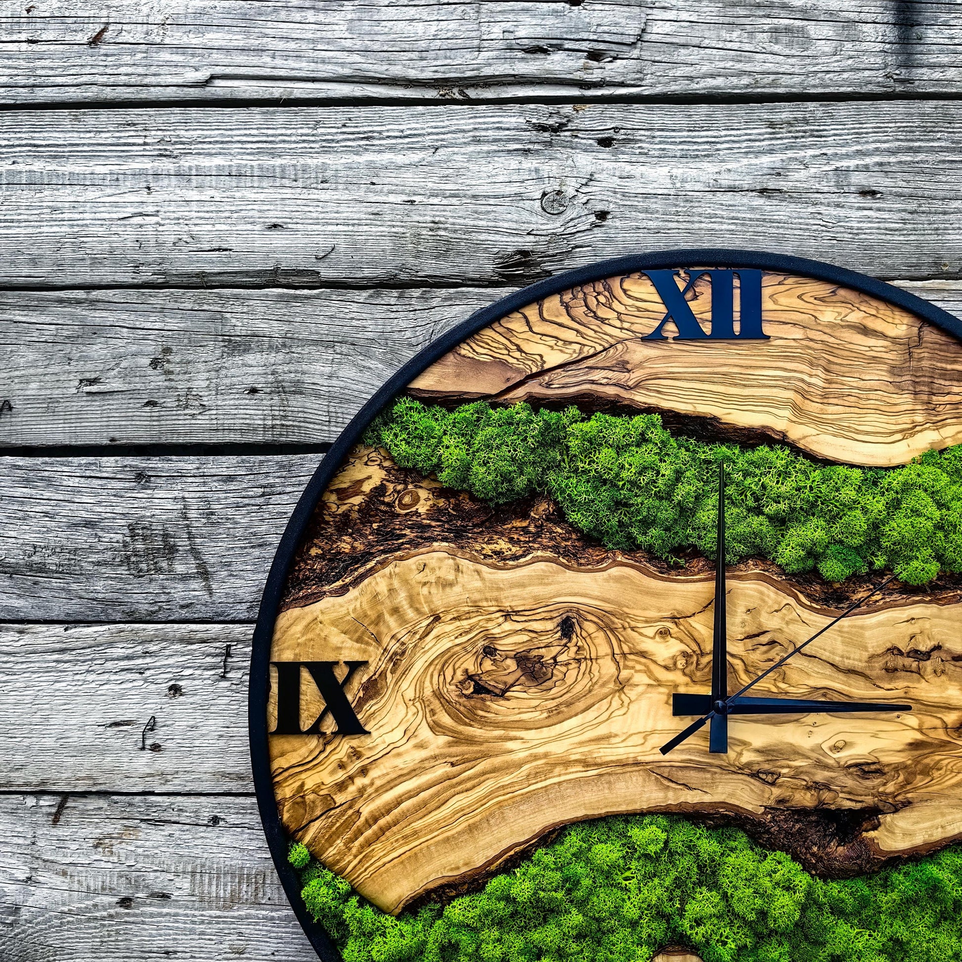 Custom Moss and Metal Wall Clock, Unique Olive Wooden Wall Clock & Moss Wall Art