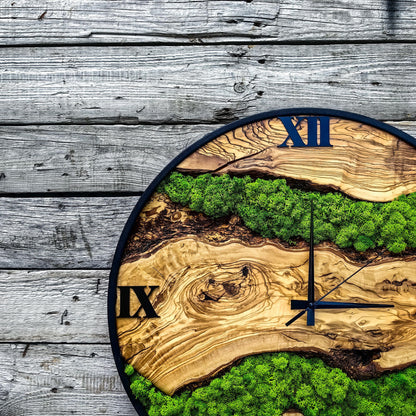 Custom Moss and Metal Wall Clock, Unique Olive Wooden Wall Clock & Moss Wall Art