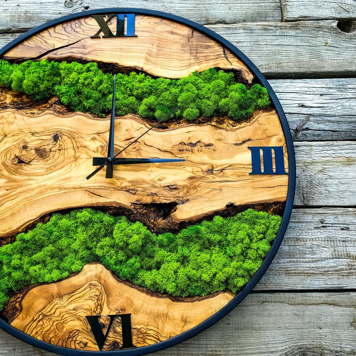 Custom Moss and Metal Wall Clock, Unique Olive Wooden Wall Clock & Moss Wall Art