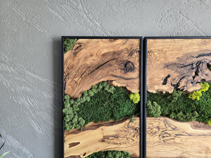 Moss Wall Decor | Olive Wood & Moss Wall Art | Unique Botanical Home Decor | Green Wall Art for Living Room